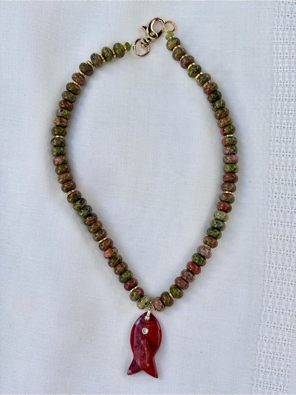 Handcrafted Jasper Rondel Bead Necklace Carved Red Jasper Fish Pendant 19 Inches
